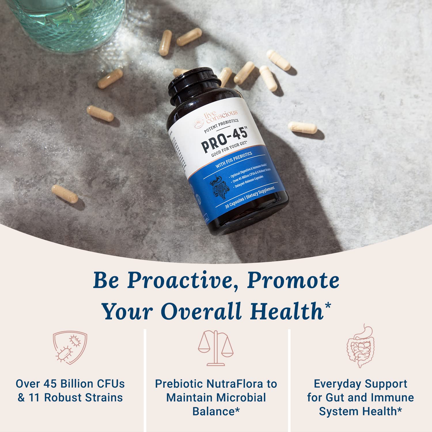 Live Conscious PRO45 Probiotics for Women & Men: Comprehensive Formula, 45 Billion CFU, 11 Strains, Dairy Free - w/Prebiotics and Probiotics - Maple Wellness Supplements