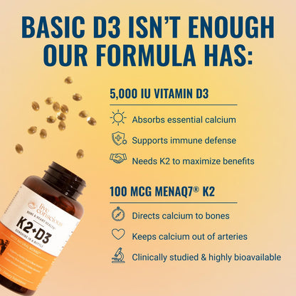 Live Conscious Vitamin K2 MK7 with D3 Supplement | Bone & Heart Health Support - Patented Vitamin K & Vitamin D3 5000 IU - 60 Softgels - Maple Wellness Supplements