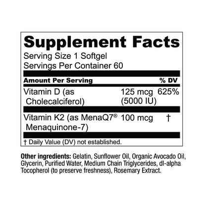 Live Conscious Vitamin K2 MK7 with D3 Supplement | Bone & Heart Health Support - Patented Vitamin K & Vitamin D3 5000 IU - 60 Softgels - Maple Wellness Supplements