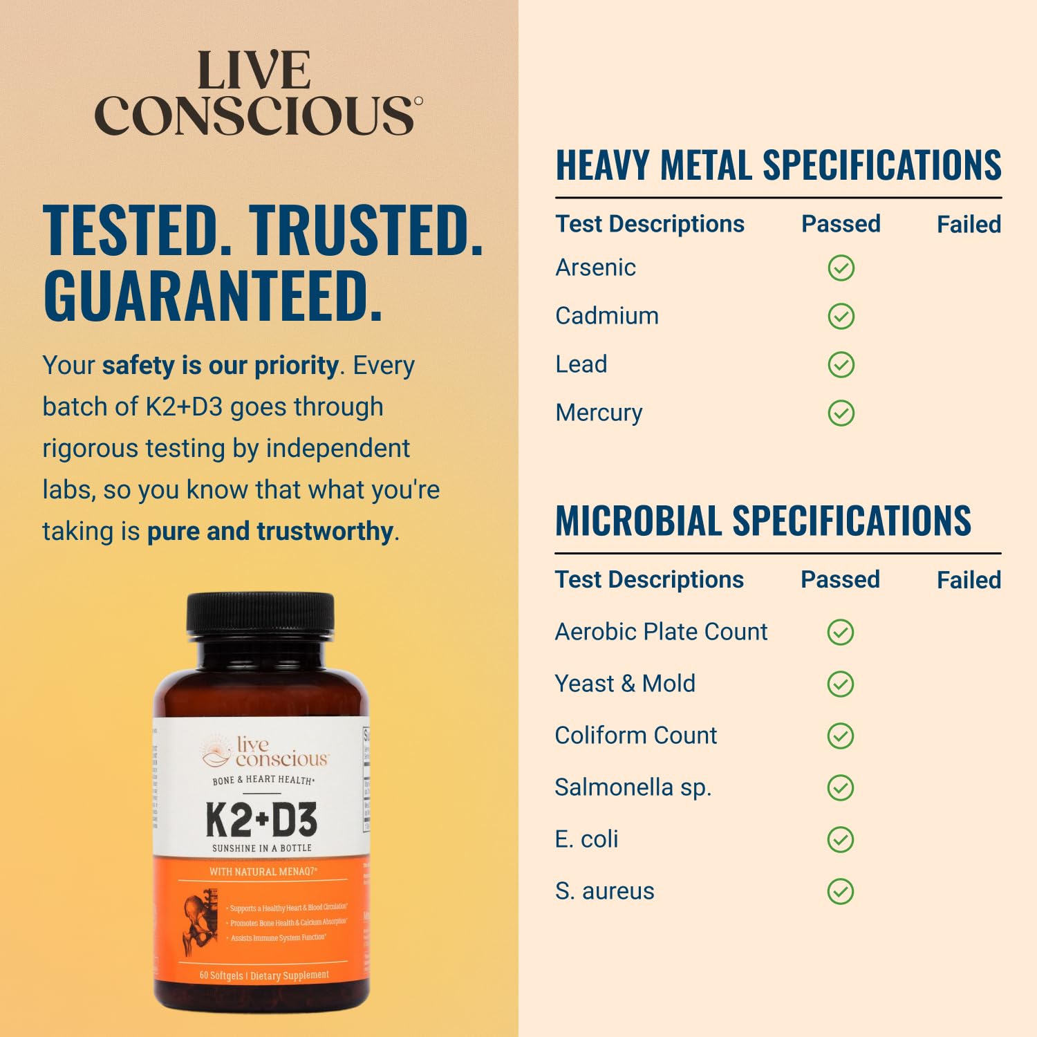 Live Conscious Vitamin K2 MK7 with D3 Supplement | Bone & Heart Health Support - Patented Vitamin K & Vitamin D3 5000 IU - 60 Softgels - Maple Wellness Supplements