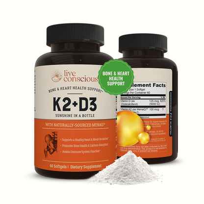 Live Conscious Vitamin K2 MK7 with D3 Supplement | Bone & Heart Health Support - Patented Vitamin K & Vitamin D3 5000 IU - 60 Softgels - Maple Wellness Supplements
