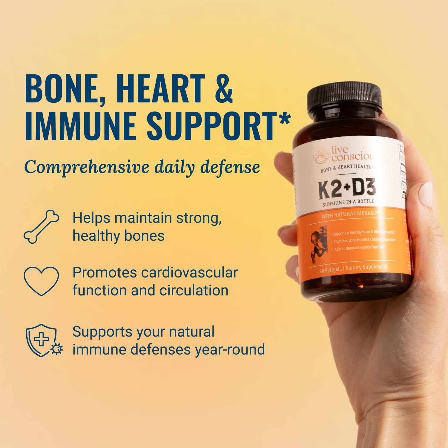 Live Conscious Vitamin K2 MK7 with D3 Supplement | Bone & Heart Health Support - Patented Vitamin K & Vitamin D3 5000 IU - 60 Softgels - Maple Wellness Supplements