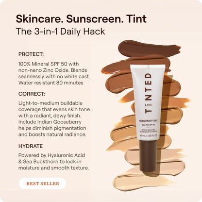 Live Tinted Hueguard Skin Tint SPF 50 - Tinted Mineral Sunscreen with Light-Medium Buildable Coverage With a Hydrating and Radiant Finish - Water and Sweat Resistant, 1.35 fl oz - Shade 10 - Maple Wellness Supplements