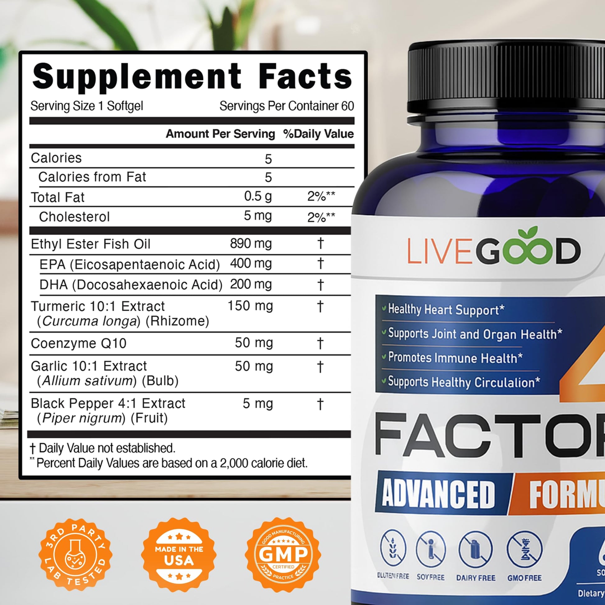 LIVEGOOD™ Factor 4, Omega 3 Fish Oil with EPA & DHA, CoQ10, and Turmeric, Advanced Q10 Coenzyme & CoQ10 Supplements, DHA Supplements for Heart, Joint & Immune Support, Made in USA, 60 Count, - Maple Wellness Supplements