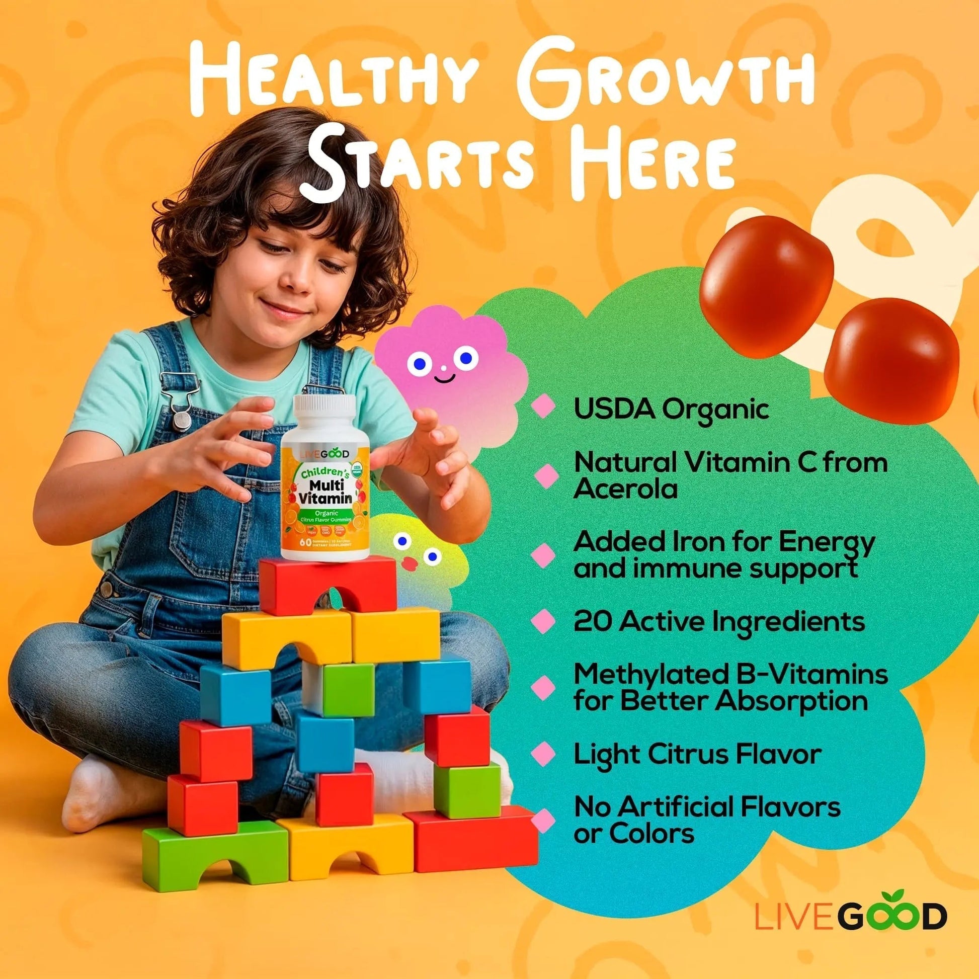 LIVEGOOD Organic Children’s Multivitamin Gummies, Kids Multivitamin, Vitamin D for Toddlers and Children, Organic Kids Chewable Vitamins for Immunity - Maple Wellness Supplements