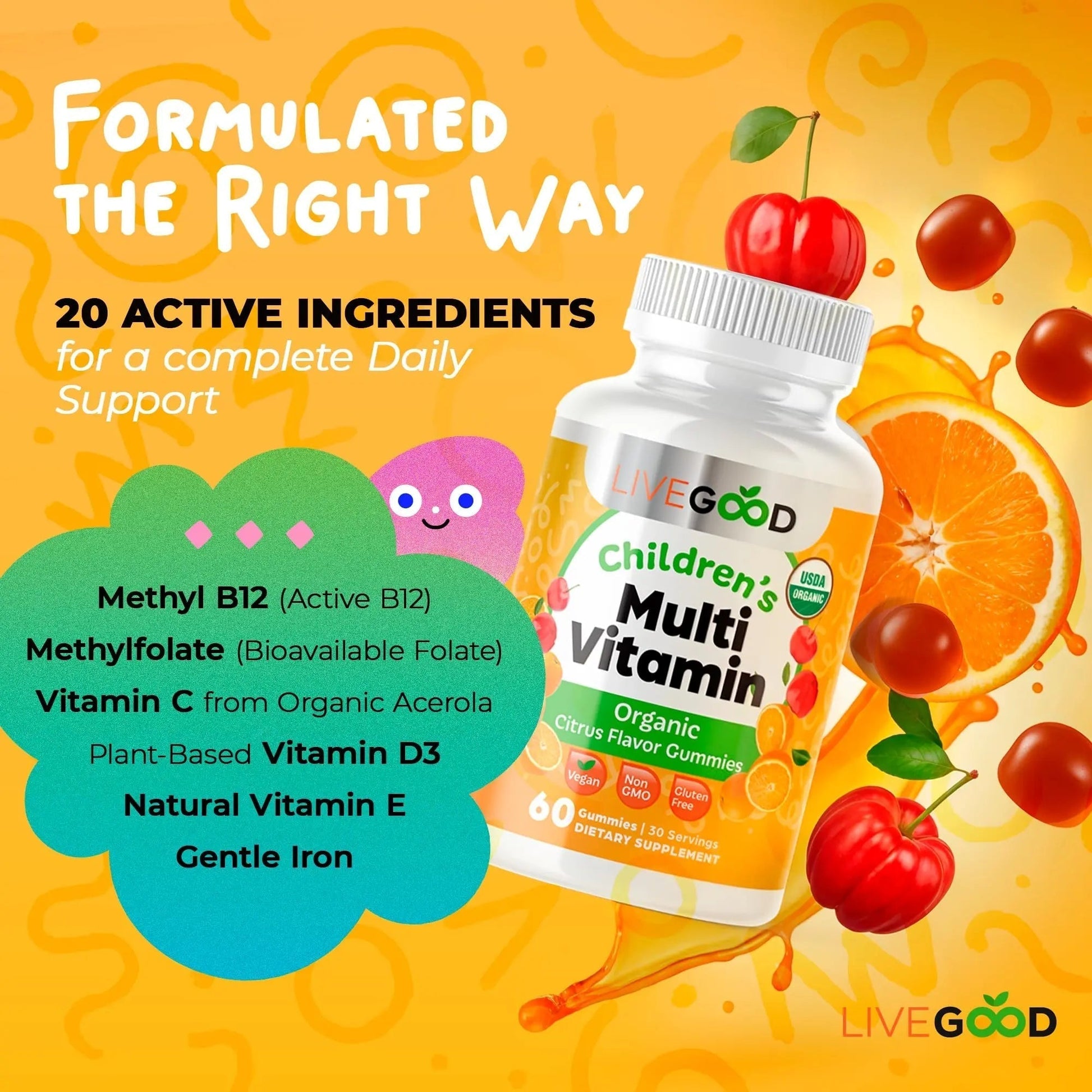 LIVEGOOD Organic Children’s Multivitamin Gummies, Kids Multivitamin, Vitamin D for Toddlers and Children, Organic Kids Chewable Vitamins for Immunity - Maple Wellness Supplements
