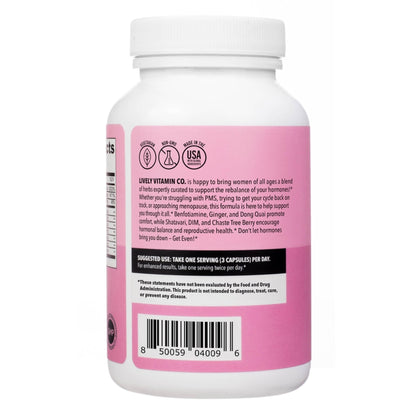 LIVELY VITAMIN CO. Get Even - Women's Hormonal Balance Blend - Helps Reduce Severity of Periods, PMS & Menopause - Eases Cramps & Bloating - Mood Regulation - Period Pain & Discomfort - 90 Count - Maple Wellness Supplements