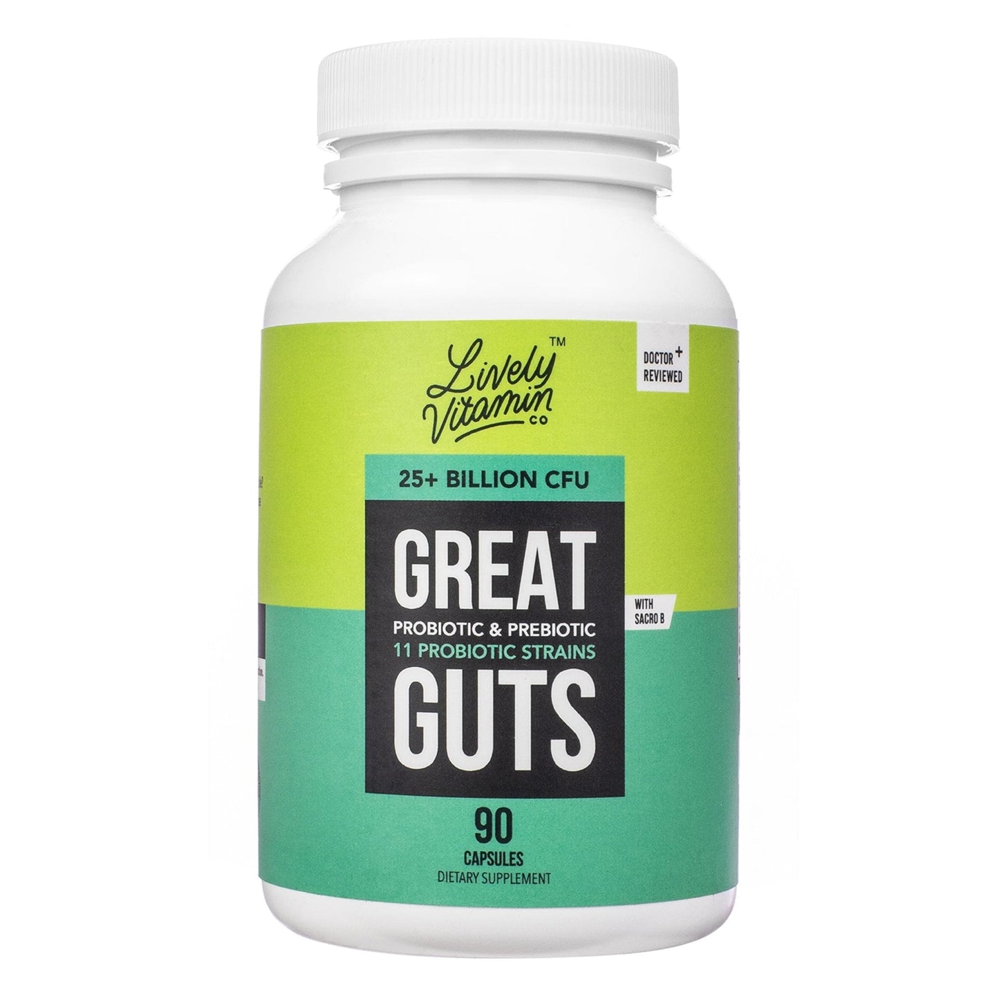 LIVELY VITAMIN CO. Great Guts Probiotic - 25 Billion CFU Probiotic - Balance Gut Microbiome, GI Tract, Inflammation, Indigestion, Reflux, Upset Stomach, & Diarrhea - 90 Caps - Maple Wellness Supplements