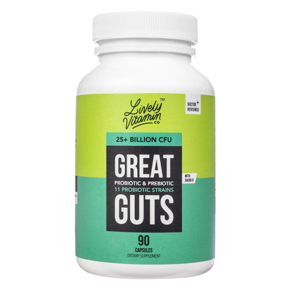 LIVELY VITAMIN CO. Great Guts Probiotic - 25 Billion CFU Probiotic - Balance Gut Microbiome, GI Tract, Inflammation, Indigestion, Reflux, Upset Stomach, & Diarrhea - 90 Caps - Maple Wellness Supplements