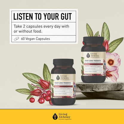 Living Alchemy Gut Health Supplements for Women - Your Flora Probiotics Women with Fermented Soybean, Cranberry Juice, Roselle, Prebiotics, Digestive Enzyme, & Probiotics - Vegan, Non-GMO, 60 Pcs - Maple Wellness Supplements