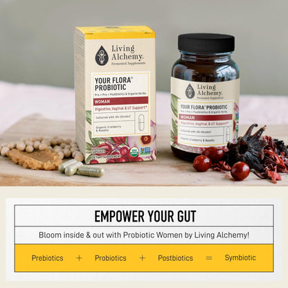 Living Alchemy Gut Health Supplements for Women - Your Flora Probiotics Women with Fermented Soybean, Cranberry Juice, Roselle, Prebiotics, Digestive Enzyme, & Probiotics - Vegan, Non-GMO, 60 Pcs - Maple Wellness Supplements