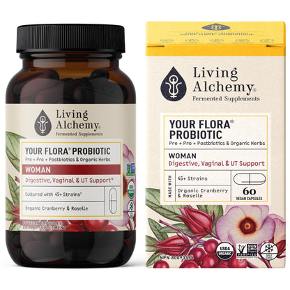 Living Alchemy Gut Health Supplements for Women - Your Flora Probiotics Women with Fermented Soybean, Cranberry Juice, Roselle, Prebiotics, Digestive Enzyme, & Probiotics - Vegan, Non-GMO, 60 Pcs - Maple Wellness Supplements