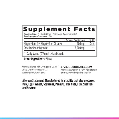 Livingood Daily Creatine + Magnesium Powder, Unflavored | 5g Micronized Creatine Monohydrate with Magnesium for Energy, Muscle Recovery & Performance | 30 Servings - Maple Wellness Supplements