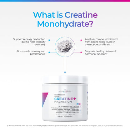Livingood Daily Creatine + Magnesium Powder, Unflavored | 5g Micronized Creatine Monohydrate with Magnesium for Energy, Muscle Recovery & Performance | 30 Servings - Maple Wellness Supplements