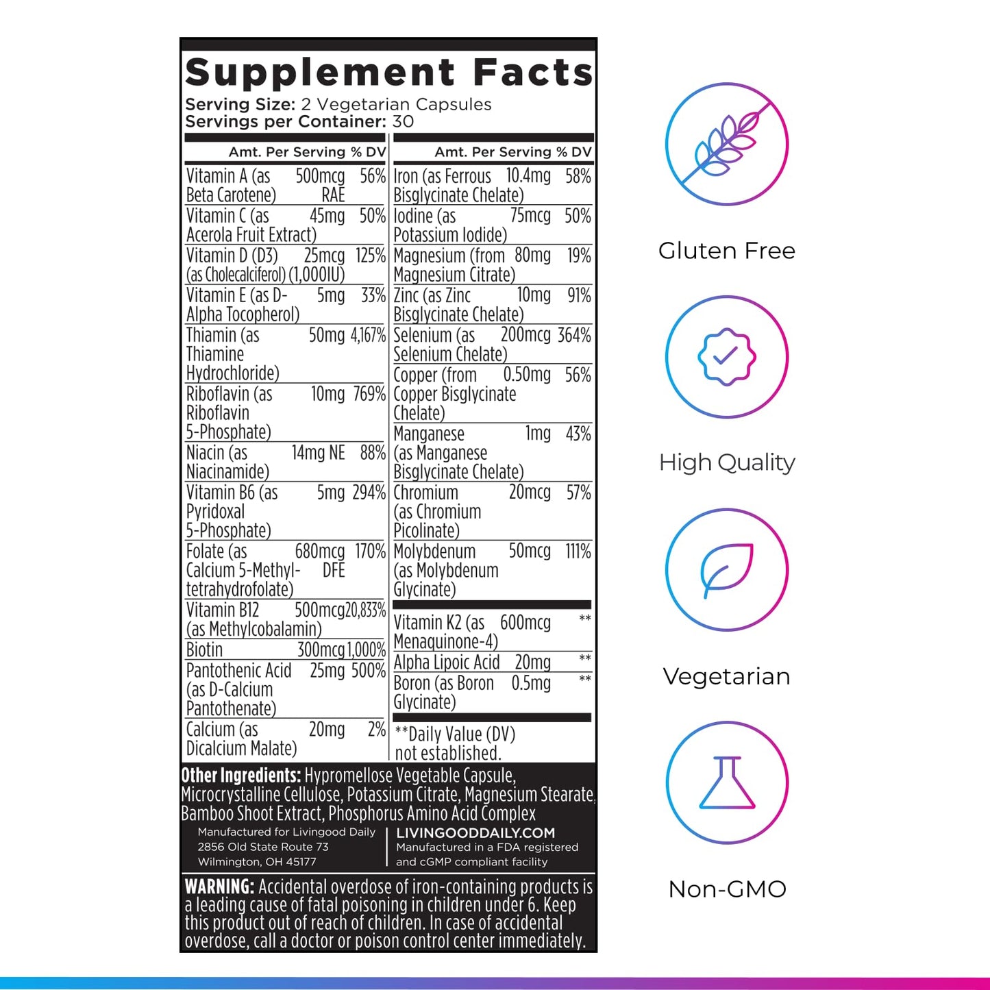 Livingood Daily Methylated Multivitamin for Women and Men, Multi Vitamin Supplement with Alpha Lipoic Acid, B Vitamins, Iron, Zinc and Selenium, Energy - Maple Wellness Supplements
