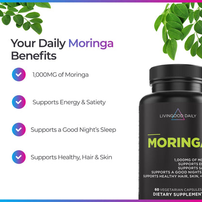 Livingood Daily Moringa Capsules, Moringa Supplement for Energy, Sleep, Satiety, Hair, Skin, Nails & Wellness, Plant Based Vegetarian, Gluten Free - Maple Wellness Supplements