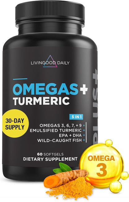 Livingood Daily Omega 3 6 9 Plus Turmeric Curcumin Supplement, 60 Softgels - Fish Oil Omega 3 Supplements (EPA & DHA) for Men and Women - Brain, Joint, Heart Health - Maple Wellness Supplements