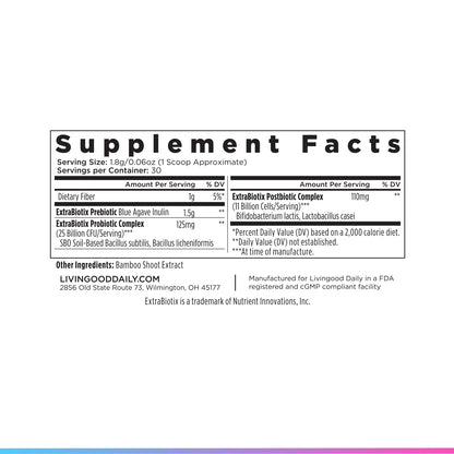 Livingood Daily Pre Pro Post Biotics Blend Powder, Digestive Health Supplement with Prebiotics from Organic Blue Agave Inulin, SBO Probiotics, Probiotics for Women & Men - Maple Wellness Supplements