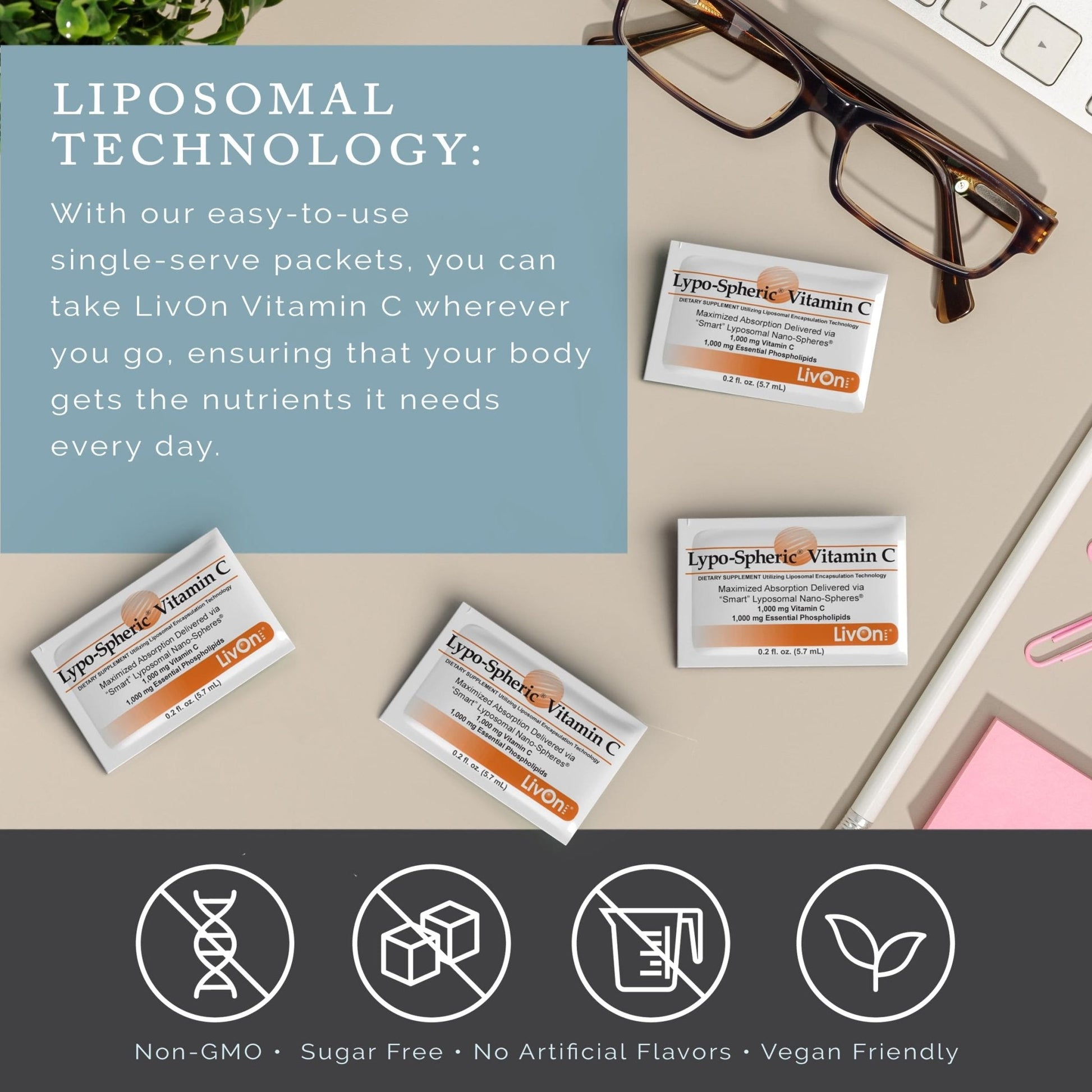 LivOn Laboratories - Lypo–Spheric Vitamin C – 1,000 mg Vitamin C & 1,000 mg Essential Phospholipids Per Packet – Liposome Encapsulated for Improved Absorption – Non–GMO - 2 Pack (60 Count) - Maple Wellness Supplements