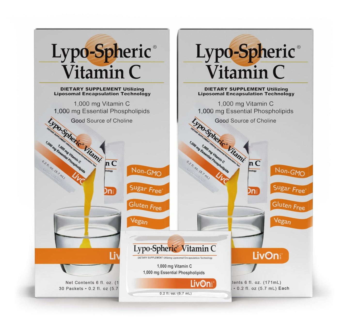 LivOn Laboratories - Lypo–Spheric Vitamin C – 1,000 mg Vitamin C & 1,000 mg Essential Phospholipids Per Packet – Liposome Encapsulated for Improved Absorption – Non–GMO - 2 Pack (60 Count) - Maple Wellness Supplements