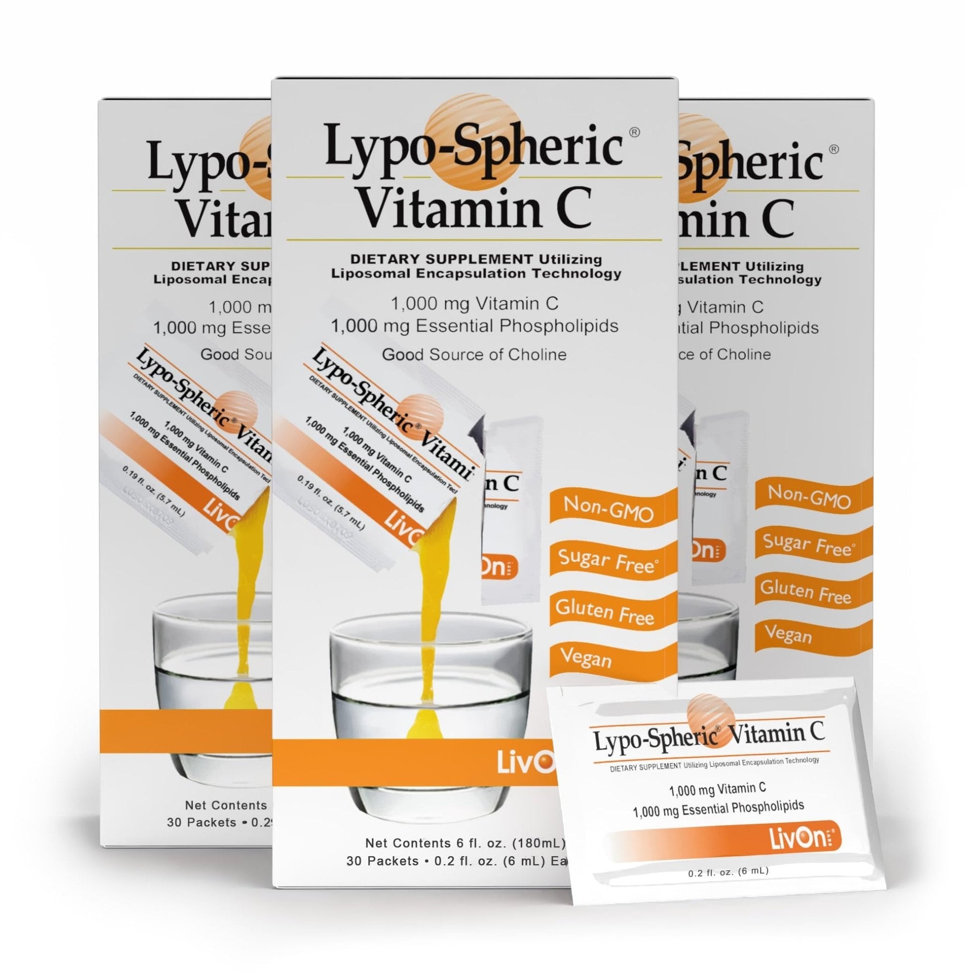 LivOn Laboratories Lypo–Spheric Vitamin C – 3 Cartons (90 Packets) – 1,000 mg Vitamin C & 1,000 mg Essential Phospholipids Per Packet – Liposome Encapsulated for Improved Absorption – 100% Non–GMO - Maple Wellness Supplements