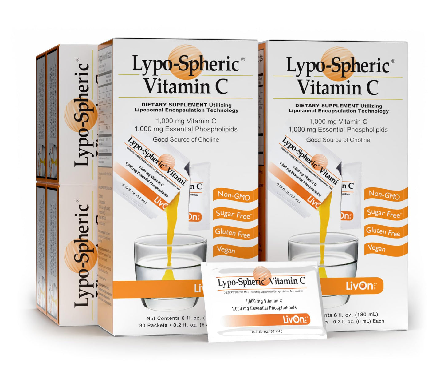 LivOn Laboratories Lypo–Spheric Vitamin C – 6 Cartons (180 Packets) – 1,000 mg Vitamin C & 1,000 mg Essential Phospholipids Per Packet – Liposome Encapsulated for Improved Absorption – 100% Non–GMO - Maple Wellness Supplements