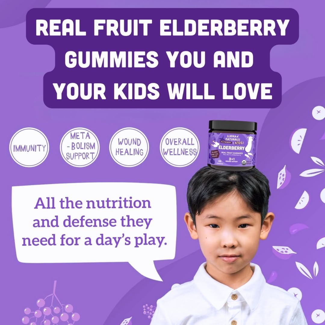 Llama Naturals Elderberry Gummies for Kids, Vegan, Organic Immune Support Supplement with Vitamin C and Zinc, Toddler Real Fruit Gummy Vitamins for Immunity - Maple Wellness Supplements