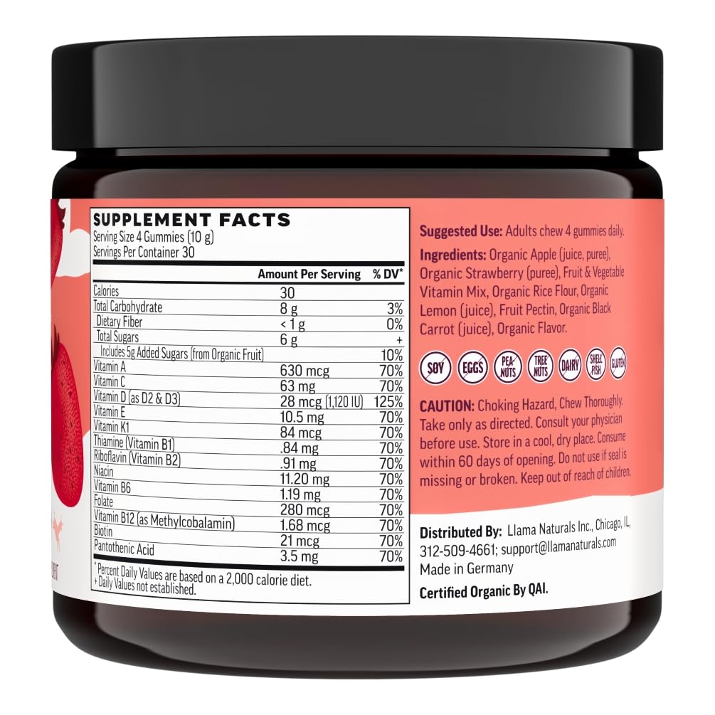 Llama Naturals Multivitamin for Women & Men, Vegan, Organic Gummies with Vitamin D, C & K, Adults Real Fruit Gummy Vitamins - Maple Wellness Supplements