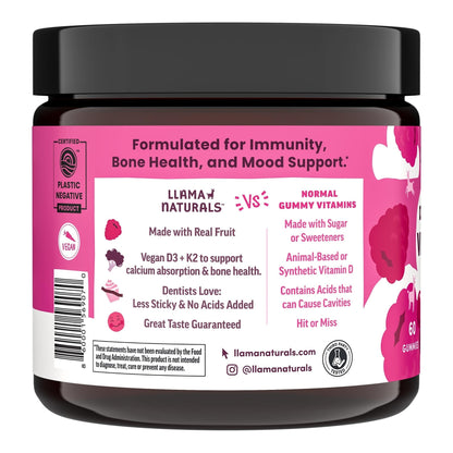 Llama Naturals Vitamin D3, Vegan, Organic Immune Support Supplement, Vitamin D Gummies for Adults and Kids, Real Fruit Gummy Vitamins, Promotes Bone Health - Maple Wellness Supplements