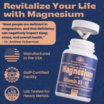 Local Nutrition Magnesium Complex 420mg with Vitamin D3 K2 - Four Bioavailable Forms Including Bisglycinate (Glycinate), Malate, Taurate, and Chloride for Superior Absorption - 90 Capsules Made in USA - Maple Wellness Supplements