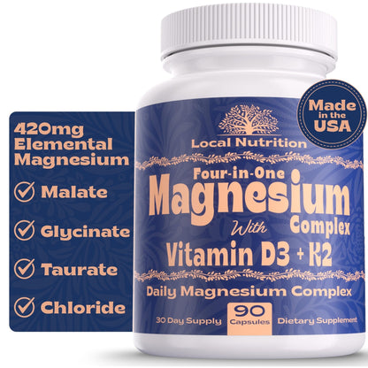 Local Nutrition Magnesium Complex 420mg with Vitamin D3 K2 - Four Bioavailable Forms Including Bisglycinate (Glycinate), Malate, Taurate, and Chloride for Superior Absorption - 90 Capsules Made in USA - Maple Wellness Supplements