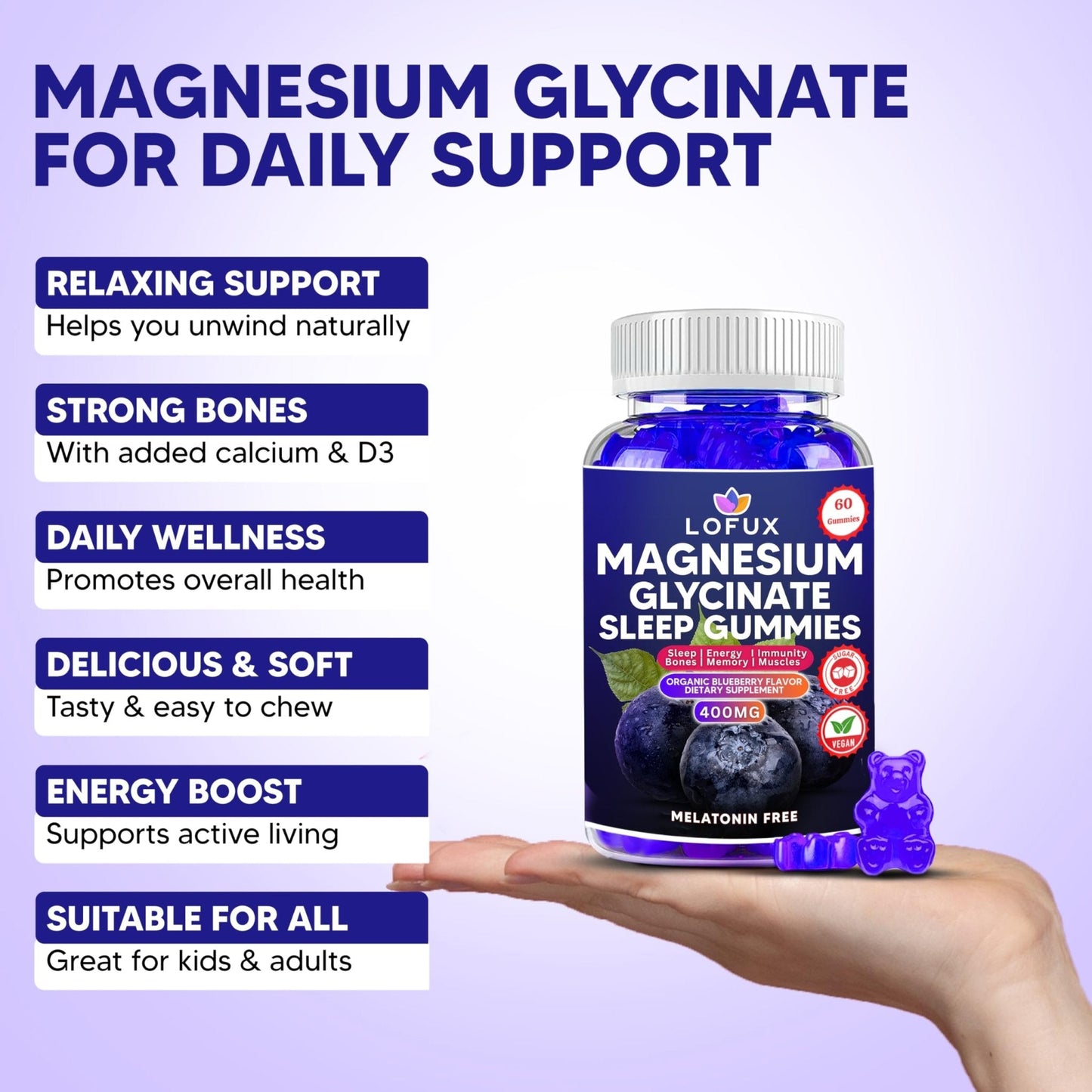Lofux Magnesium Glycinate Gummies 400mg, Sugar Free Magnesium Gummies for Adults Women, Men, Chewable Supplement Gummy with L-Threonate, Vitamin D, B6, CoQ10 - Maple Wellness Supplements