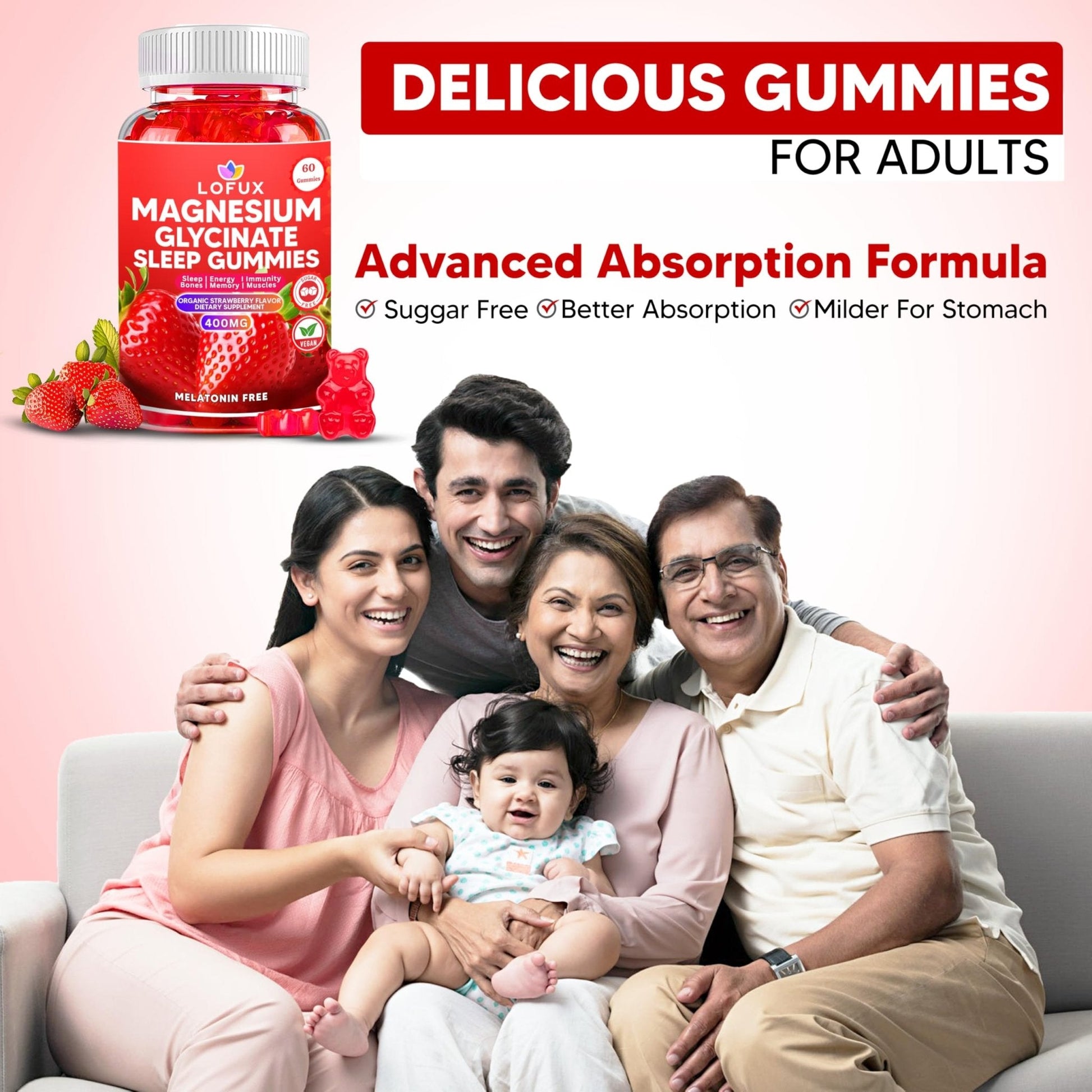 Lofux Magnesium Glycinate Gummies 400mg, Sugar Free Magnesium Gummies for Adults Women, Men, Chewable Supplement Gummy with L-Threonate, Vitamin D, B6, CoQ10 - Maple Wellness Supplements