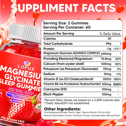 Lofux Magnesium Glycinate Gummies 400mg, Sugar Free Magnesium Gummies for Adults Women, Men, Chewable Supplement Gummy with L-Threonate, Vitamin D, B6, CoQ10 - Maple Wellness Supplements