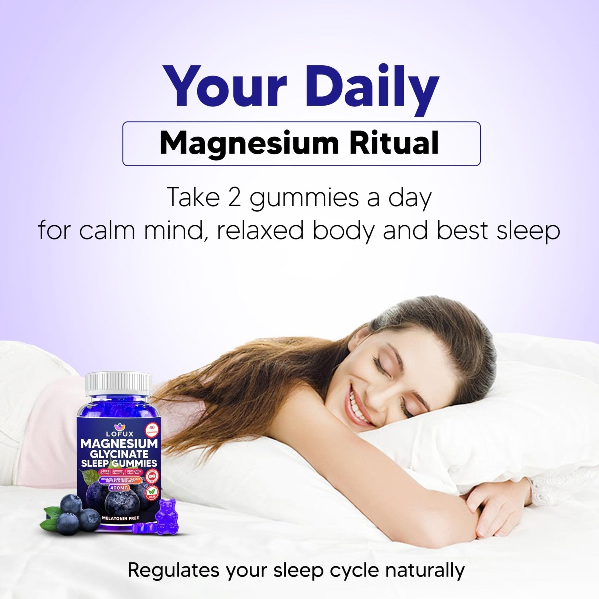 Lofux Magnesium Glycinate Gummies 400mg, Sugar Free Magnesium Gummies for Adults Women, Men, Chewable Supplement Gummy with L-Threonate, Vitamin D, B6, CoQ10 - Maple Wellness Supplements
