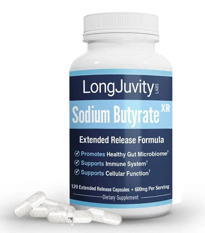 LongJuvity Sodium Butyrate Supplement (300mg) - Optimal Gut Health for Men & Women - Digestion Support & Leaky Gut Repair - Postbiotic Short Chain Fatty Acid, Lab Tested (120 Extended Release Caps) - Maple Wellness Supplements