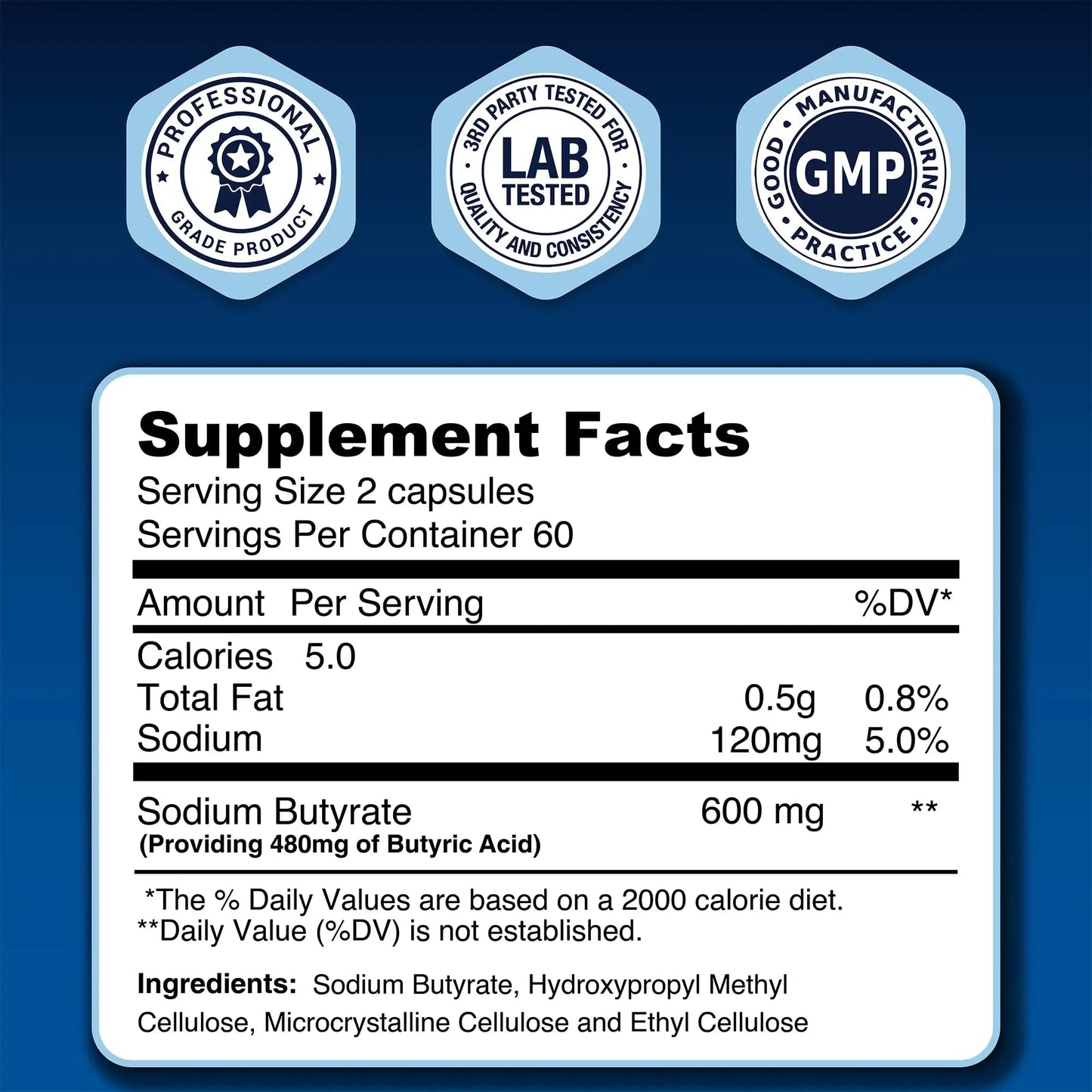 LongJuvity Sodium Butyrate Supplement (300mg) - Optimal Gut Health for Men & Women - Digestion Support & Leaky Gut Repair - Postbiotic Short Chain Fatty Acid, Lab Tested (120 Extended Release Caps) - Maple Wellness Supplements