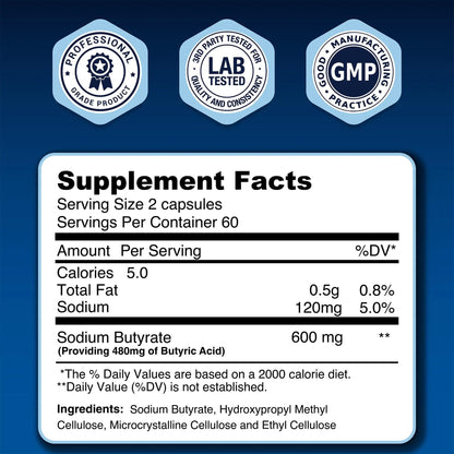 LongJuvity Sodium Butyrate Supplement (300mg) - Optimal Gut Health for Men & Women - Digestion Support & Leaky Gut Repair - Postbiotic Short Chain Fatty Acid, Lab Tested (120 Extended Release Caps) - Maple Wellness Supplements