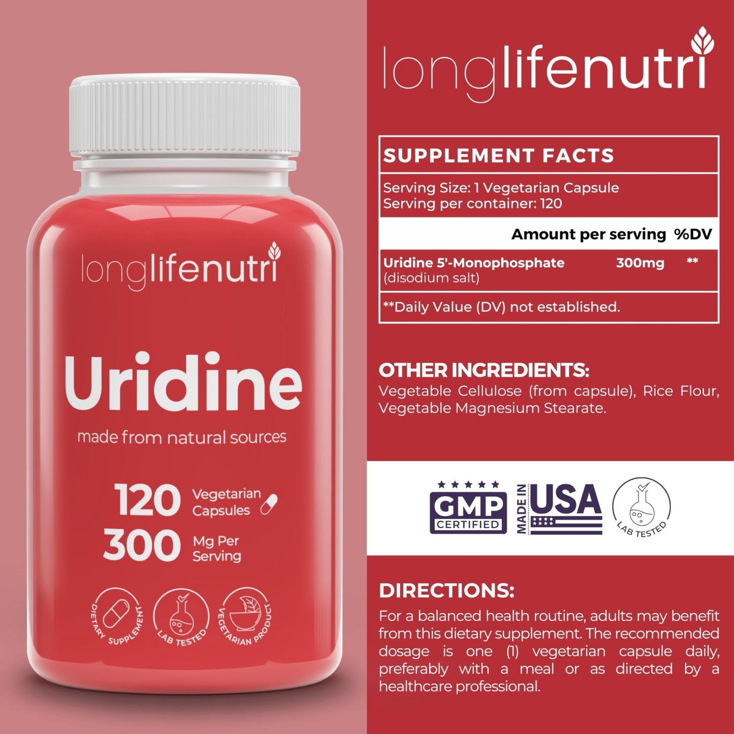 LongLifeNutri Uridine Monophosphate 300mg – Choline Precursor & Synaptic Function, Nootropic for Focus & Mental Performance, 120 Vegetarian Capsules, 4-Month Supply, GMP Certified, Made in USA - Maple Wellness Supplements