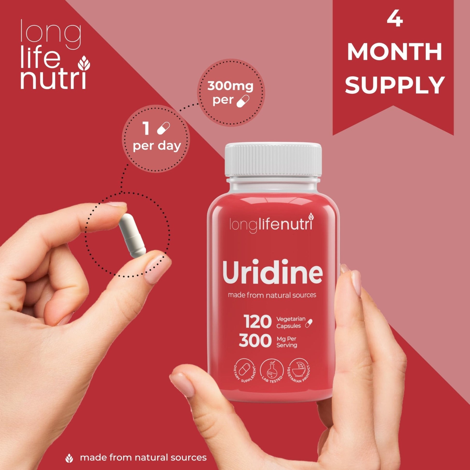 LongLifeNutri Uridine Monophosphate 300mg – Choline Precursor & Synaptic Function, Nootropic for Focus & Mental Performance, 120 Vegetarian Capsules, 4-Month Supply, GMP Certified, Made in USA - Maple Wellness Supplements