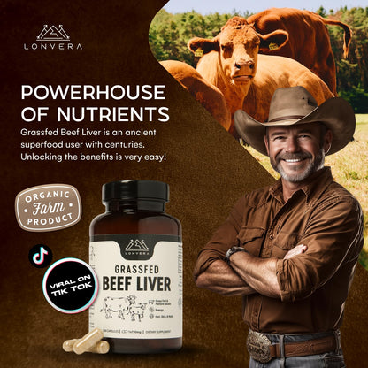 Lonvera Grass Fed Beef Liver Capsules for Women and Men – 3000mg Freeze Dried Desiccated Organs – Nutrient Source for Joints, Bones, Hair, Skin - Maple Wellness Supplements