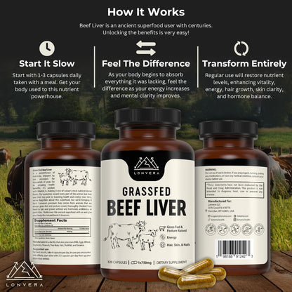 Lonvera Grass Fed Beef Liver Capsules for Women and Men – 3000mg Freeze Dried Desiccated Organs – Nutrient Source for Joints, Bones, Hair, Skin - Maple Wellness Supplements