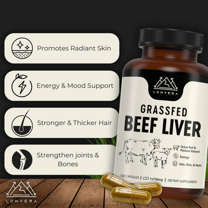 Lonvera Grass Fed Beef Liver Capsules for Women and Men – 3000mg Freeze Dried Desiccated Organs – Nutrient Source for Joints, Bones, Hair, Skin - Maple Wellness Supplements