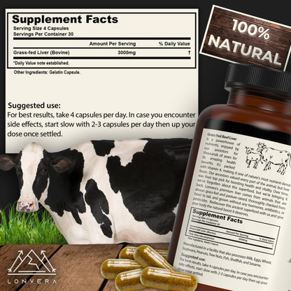 Lonvera Grass Fed Beef Liver Capsules for Women and Men – 3000mg Freeze Dried Desiccated Organs – Nutrient Source for Joints, Bones, Hair, Skin - Maple Wellness Supplements