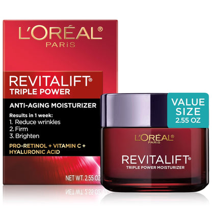 L'Oreal Paris Revitalift Triple Power Anti-Aging Face Moisturizer, Pro Retinol, Hyaluronic Acid & Vitamin C, Reduce Wrinkles 2.55 Oz - Maple Wellness Supplements