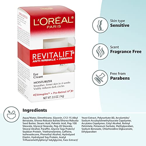 L'Oreal Paris Skincare Revitalift Anti-Wrinkle and Firming Eye Cream with Pro Retinol, Treatment to Reduce Dark Circles, Fragrance Free, 0.5 oz. - Maple Wellness Supplements