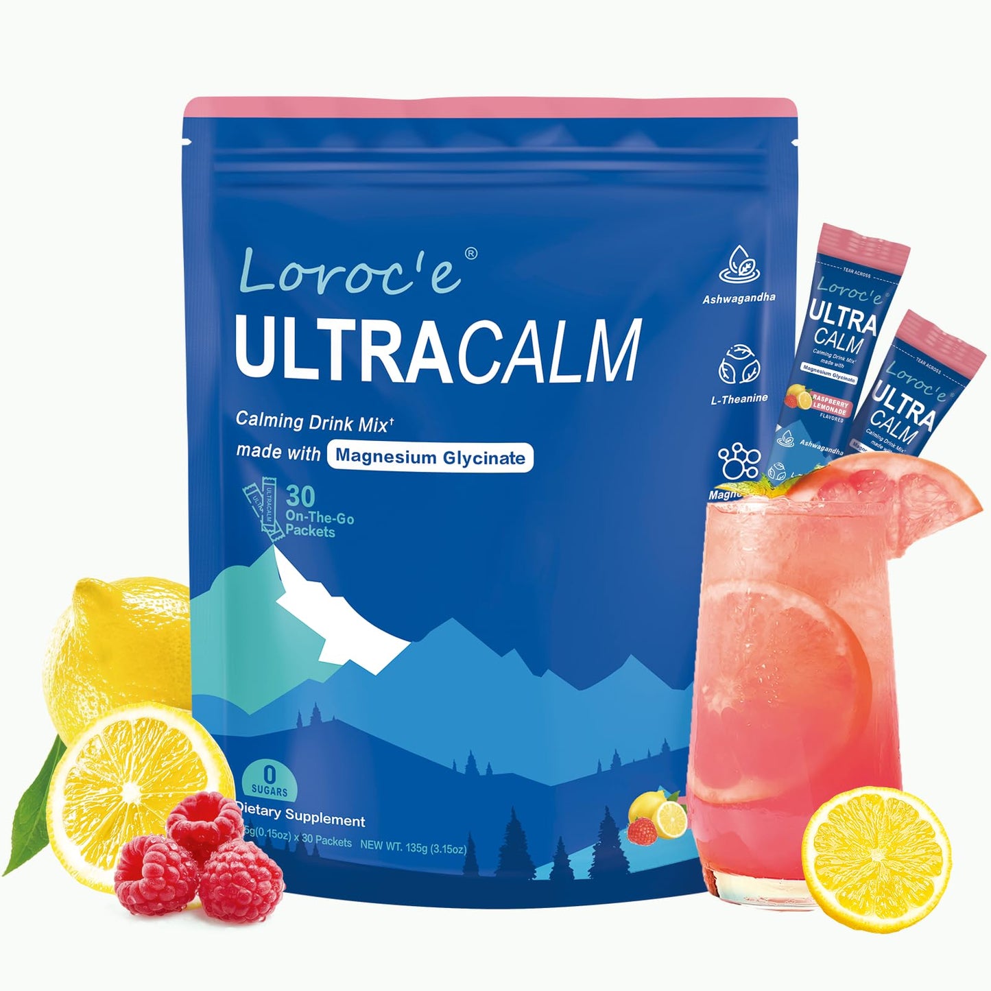 Loroc'e UltraCalm Super Cortisol Reducer Drink, Magnesium Glycinate (30 Servings), L-theanine, Ashwagandha, Vitamin D, No Sugar, - Maple Wellness Supplements