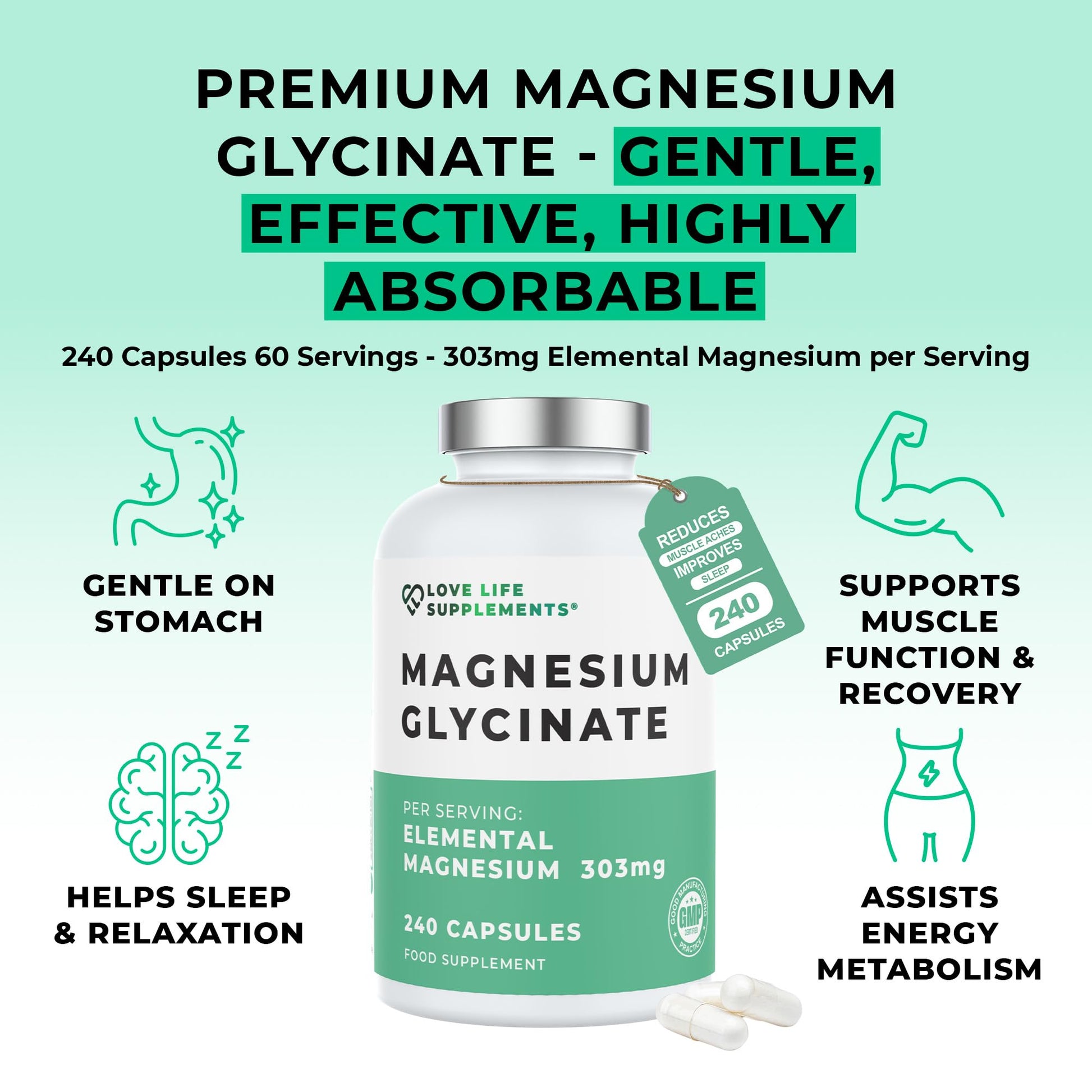 Love Life Supplements Pure Magnesium Glycinate (Bisglycinate), 240 Vegan Capsules, 2 Month Supply, High Strength 300mg Elemental - Maple Wellness Supplements