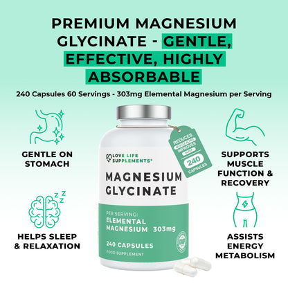 Love Life Supplements Pure Magnesium Glycinate (Bisglycinate), 240 Vegan Capsules, 2 Month Supply, High Strength 300mg Elemental - Maple Wellness Supplements
