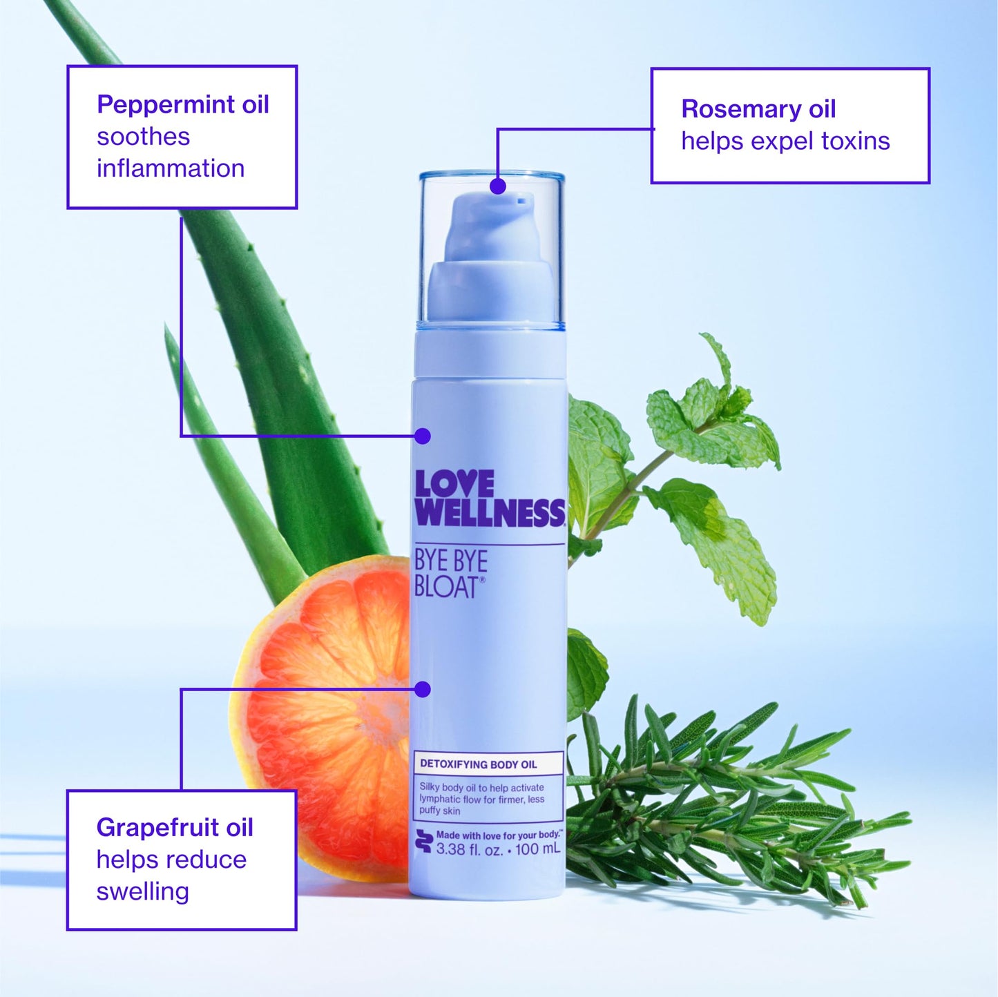 Love Wellness Bye Bye Bloat Detoxifying Body Oil | Lymphatic Drainage Oil to Hydrate, Depuff & Awaken Skin | Reduce Swelling Massage Oil for Women with Peppermint, Grapefruit & Rosemary Oil |100 mL - Maple Wellness Supplements